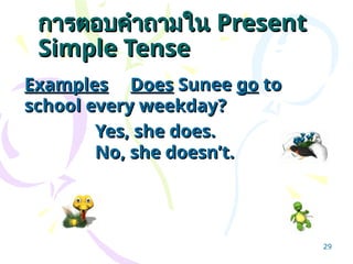 การตอบคำถามใน
การตอบคำถามใน Present
Present
Simple Tense
Simple Tense
Examples
Examples Does
Does Sunee
Sunee go
go to
to
school every weekday?
school every weekday?
Yes, she does.
Yes, she does.
No, she doesn’t.
No, she doesn’t.
29
 