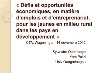 « Défis et opportunités
économiques, en matière
d’emplois et d’entreprenariat,
pour les jeunes en milieu rural
dans les pays en
développement »
    CTA, Wageningen, 14 novembre 2012

                  Sylvestre Ouédraogo
                             Yam Pukri
                   Univ Ouagadougou
 