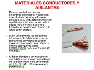 MATERIALES CONDUCTORES Y
AISLANTES
De aquí se deduce que los
electrones próximos al núcleo son
más atraídos por él que los más
alejados. A su vez, estos últimos son
repelidos por los electrones de las
capas más internas, pudiendo
trasladarse de átomo en átomo a lo
largo de un cuerpo.
• Si en un elemento los electrones
situados en la órbita más externa
(electrones de valencia) pueden
moverse libremente de un átomo a
otro se dice que es buen
CONDUCTOR de la electricidad (Ej.
metales).
• Si los e- tienden a permanecer en
sus órbitas, son malos conductores
de la electricidad y se denominan
AISLANTES (Ej. plástico, madera,
porcelana...)
 