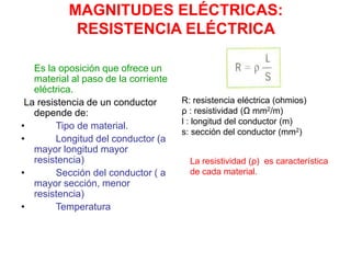 MAGNITUDES ELÉCTRICAS:
RESISTENCIA ELÉCTRICA
Es la oposición que ofrece un
material al paso de la corriente
eléctrica.
La resistencia de un conductor
depende de:
• Tipo de material.
• Longitud del conductor (a
mayor longitud mayor
resistencia)
• Sección del conductor ( a
mayor sección, menor
resistencia)
• Temperatura
R: resistencia eléctrica (ohmios)
ρ : resistividad (Ω mm2/m)
l : longitud del conductor (m)
s: sección del conductor (mm2)
La resistividad (ρ) es característica
de cada material.
 