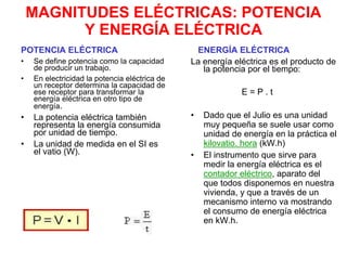 MAGNITUDES ELÉCTRICAS: POTENCIA
Y ENERGÍA ELÉCTRICA
POTENCIA ELÉCTRICA
• Se define potencia como la capacidad
de producir un trabajo.
• En electricidad la potencia eléctrica de
un receptor determina la capacidad de
ese receptor para transformar la
energía eléctrica en otro tipo de
energía.
• La potencia eléctrica también
representa la energía consumida
por unidad de tiempo.
• La unidad de medida en el SI es
el vatio (W).
ENERGÍA ELÉCTRICA
La energía eléctrica es el producto de
la potencia por el tiempo:
E = P . t
• Dado que el Julio es una unidad
muy pequeña se suele usar como
unidad de energía en la práctica el
kilovatio. hora (kW.h)
• El instrumento que sirve para
medir la energía eléctrica es el
contador eléctrico, aparato del
que todos disponemos en nuestra
vivienda, y que a través de un
mecanismo interno va mostrando
el consumo de energía eléctrica
en kW.h.
 