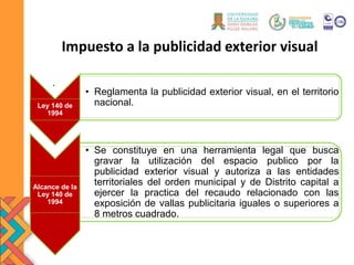 .
Impuesto a la publicidad exterior visual
Ley 140 de
1994
• Reglamenta la publicidad exterior visual, en el territorio
nacional.
Alcance de la
Ley 140 de
1994
• Se constituye en una herramienta legal que busca
gravar la utilización del espacio publico por la
publicidad exterior visual y autoriza a las entidades
territoriales del orden municipal y de Distrito capital a
ejercer la practica del recaudo relacionado con las
exposición de vallas publicitaria iguales o superiores a
8 metros cuadrado.
 