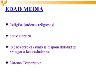 EDAD MEDIA

   Religión (ordenes religiosas)

   Salud Pública.

   Recae sobre el estado la responsabilidad de
    proteger a los ciudadanos.

   Sistema Corporativo.
 