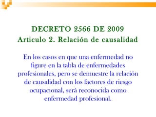 DECRETO 2566 DE 2009
Articulo 2. Relación de causalidad

  En los casos en que una enfermedad no
    figure en la tabla de enfermedades
profesionales, pero se demuestre la relación
  de causalidad con los factores de riesgo
    ocupacional, será reconocida como
          enfermedad profesional.
 