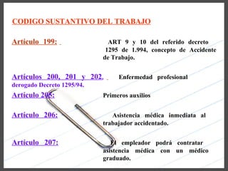 CODIGO SUSTANTIVO DEL TRABAJO

Artículo 199:                 ART 9 y 10 del referido decreto
                             1295 de 1.994, concepto de Accidente
                            de Trabajo.


Artículos 200, 201 y 202.        Enfermedad profesional
derogado Decreto 1295/94.
Artículo 205:               Primeros auxilios


Artículo 206:                  Asistencia médica inmediata al
                            trabajador accidentado.


Artículo 207:                  El empleador podrá contratar
                            asistencia médica con un médico
                            graduado.
 