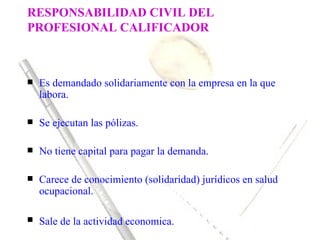 RESPONSABILIDAD CIVIL DEL
PROFESIONAL CALIFICADOR



   Es demandado solidariamente con la empresa en la que
    labora.

   Se ejecutan las pólizas.

   No tiene capital para pagar la demanda.

   Carece de conocimiento (solidaridad) jurídicos en salud
    ocupacional.

   Sale de la actividad economica.
 