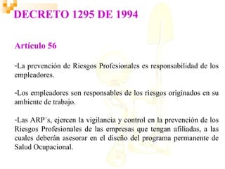DECRETO 1295 DE 1994

Artículo 56

-La prevención de Riesgos Profesionales es responsabilidad de los
empleadores.

-Los empleadores son responsables de los riesgos originados en su
ambiente de trabajo.

-Las ARP´s, ejercen la vigilancia y control en la prevención de los
Riesgos Profesionales de las empresas que tengan afiliadas, a las
cuales deberán asesorar en el diseño del programa permanente de
Salud Ocupacional.
 