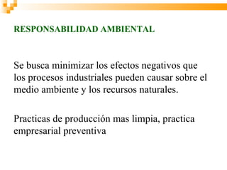 RESPONSABILIDAD AMBIENTAL



Se busca minimizar los efectos negativos que
los procesos industriales pueden causar sobre el
medio ambiente y los recursos naturales.

Practicas de producción mas limpia, practica
empresarial preventiva
 