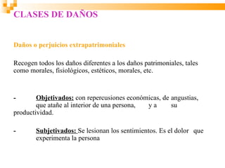 CLASES DE DAÑOS


Daños o perjuicios extrapatrimoniales

Recogen todos los daños diferentes a los daños patrimoniales, tales
como morales, fisiológicos, estéticos, morales, etc.


-       Objetivados: con repercusiones económicas, de angustias,
        que atañe al interior de una persona, ya      su
productividad.

-       Subjetivados: Se lesionan los sentimientos. Es el dolor que
        experimenta la persona
 