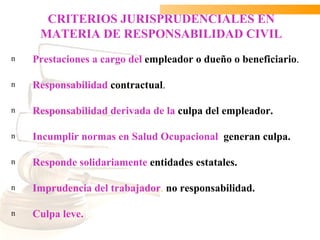 CRITERIOS JURISPRUDENCIALES EN
     MATERIA DE RESPONSABILIDAD CIVIL
n   Prestaciones a cargo del empleador o dueño o beneficiario.

n   Responsabilidad contractual.

n   Responsabilidad derivada de la culpa del empleador.

n   Incumplir normas en Salud Ocupacional generan culpa.

n   Responde solidariamente entidades estatales.

n   Imprudencia del trabajador. no responsabilidad.

n   Culpa leve.
 