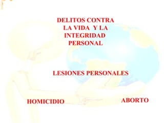 DELITOS CONTRA
        LA VIDA Y LA
         INTEGRIDAD
          PERSONAL



      LESIONES PERSONALES



HOMICIDIO               ABORTO
 