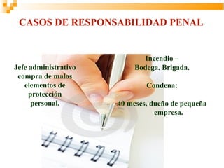 CASOS DE RESPONSABILIDAD PENAL


                             Incendio –
Jefe administrativo        Bodega. Brigada.
 compra de malos
   elementos de               Condena:
     protección
      personal.       40 meses, dueño de pequeña
                                 empresa.
 