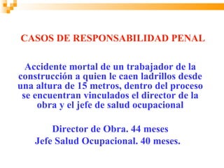 CASOS DE RESPONSABILIDAD PENAL

  Accidente mortal de un trabajador de la
construcción a quien le caen ladrillos desde
una altura de 15 metros, dentro del proceso
 se encuentran vinculados el director de la
     obra y el jefe de salud ocupacional

        Director de Obra. 44 meses
    Jefe Salud Ocupacional. 40 meses.
 