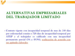 ALTERNATIVAS EMPRESARIALES
 DEL TRABAJADOR LIMITADO



- Contrato vigente con incapacidad temporal de mas de 540 días
  por enfermedad común o 720 días de incapacidad temporal por
  ATEP y el trabajador es calificado con una incapacidad
  permanente parcial (5% a 49.9%), reubicación de acuerdo con
  sus aptitudes laborales
 