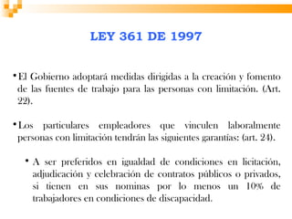 LEY 361 DE 1997


•El Gobierno adoptará medidas dirigidas a la creación y fomento
 de las fuentes de trabajo para las personas con limitación. (Art.
 22).

•Los particulares empleadores que vinculen laboralmente
 personas con limitación tendrán las siguientes garantías: (art. 24).

   • A ser preferidos en igualdad de condiciones en licitación,
     adjudicación y celebración de contratos públicos o privados,
     si tienen en sus nominas por lo menos un 10% de
     trabajadores en condiciones de discapacidad.
 