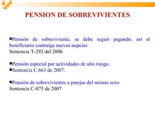PENSION DE SOBREVIVIENTES


Pensión   de sobreviviente, se debe seguir pagando, así el
beneficiario contraiga nuevas nupcias
Sentencia T-292 del 2006

Pensión especial por actividades de alto riesgo.
Sentencia C.663 de 2007.


Pensión de sobrevivientes a parejas del mismo sexo
Sentencia C-075 de 2007
 