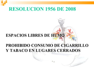 RESOLUCION 1956 DE 2008



ESPACIOS LIBRES DE HUMO

PROHIBIDO CONSUMO DE CIGARRILLO
Y TABACO EN LUGARES CERRADOS
 