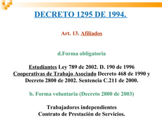DECRETO 1295 DE 1994.

                  Art. 13. Afiliados


                 d.Forma obligatoria

     Estudiantes Ley 789 de 2002. D. 190 de 1996
Cooperativas de Trabajo Asociado Decreto 468 de 1990 y
    Decreto 2800 de 2002. Sentencia C.211 de 2000.

      b. Forma voluntaria (Decreto 2800 de 2003)

           Trabajadores independientes
         Contrato de Prestación de Servicios.
 