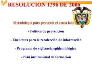 RESOLUCION 1296 DE 2006


 Metodología para prevenir el acoso laboral

           - Política de prevención

- Encuestas para la recolección de información

  - Programa de vigilancia epidemiológica

      - Plan institucional de formacion
 