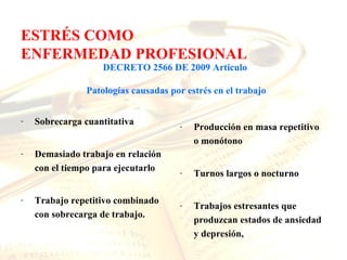 ESTRÉS COMO
ENFERMEDAD PROFESIONAL
                   DECRETO 2566 DE 2009 Articulo

               Patologías causadas por estrés en el trabajo


-   Sobrecarga cuantitativa          -   Producción en masa repetitivo
                                         o monótono
-   Demasiado trabajo en relación
    con el tiempo para ejecutarlo    -   Turnos largos o nocturno

-   Trabajo repetitivo combinado     -   Trabajos estresantes que
    con sobrecarga de trabajo.
                                         produzcan estados de ansiedad
                                         y depresión,
 