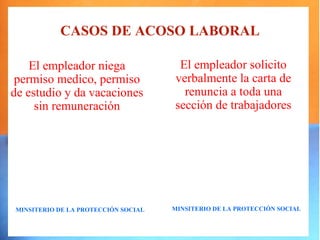 CASOS DE ACOSO LABORAL

    El empleador niega                El empleador solicito
 permiso medico, permiso             verbalmente la carta de
de estudio y da vacaciones             renuncia a toda una
     sin remuneración                sección de trabajadores




MINSITERIO DE LA PROTECCIÓN SOCIAL   MINSITERIO DE LA PROTECCIÓN SOCIAL
 