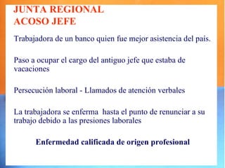 JUNTA REGIONAL
ACOSO JEFE
Trabajadora de un banco quien fue mejor asistencia del país.

Paso a ocupar el cargo del antiguo jefe que estaba de
vacaciones

Persecución laboral - Llamados de atención verbales

La trabajadora se enferma hasta el punto de renunciar a su
trabajo debido a las presiones laborales

      Enfermedad calificada de origen profesional
 