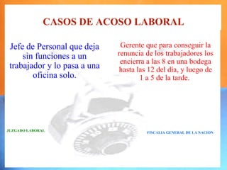 CASOS DE ACOSO LABORAL

 Jefe de Personal que deja     Gerente que para conseguir la
     sin funciones a un       renuncia de los trabajadores los
                               encierra a las 8 en una bodega
 trabajador y lo pasa a una    hasta las 12 del día, y luego de
        oficina solo.                 1 a 5 de la tarde.




JUZGADO LABORAL
                                        FISCALIA GENERAL DE LA NACION
 