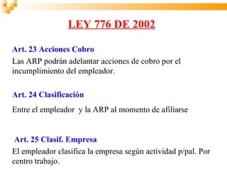 LEY 776 DE 2002

Art. 23 Acciones Cobro
Las ARP podrán adelantar acciones de cobro por el
incumplimiento del empleador.

Art. 24 Clasificación
Entre el empleador y la ARP al momento de afiliarse


 Art. 25 Clasif. Empresa
El empleador clasifica la empresa según actividad p/pal. Por
centro trabajo.
 