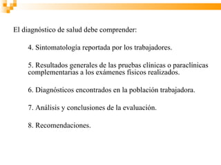 El diagnóstico de salud debe comprender:

    4. Sintomatología reportada por los trabajadores.

    5. Resultados generales de las pruebas clínicas o paraclínicas
    complementarias a los exámenes físicos realizados.

    6. Diagnósticos encontrados en la población trabajadora.

    7. Análisis y conclusiones de la evaluación.

    8. Recomendaciones.
 