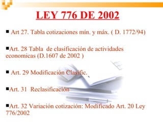 LEY 776 DE 2002
   Art 27. Tabla cotizaciones mín. y máx. ( D. 1772/94)

Art.28 Tabla de clasificación de actividades
economicas (D.1607 de 2002 )

   Art. 29 Modificación Clasific.

Art.   31 Reclasificación

Art.32 Variación cotización: Modificado Art. 20 Ley
776/2002
 