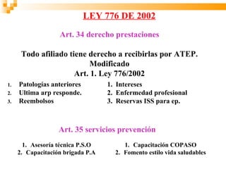 LEY 776 DE 2002
                   Art. 34 derecho prestaciones

      Todo afiliado tiene derecho a recibirlas por ATEP.
                           Modificado
                      Art. 1. Ley 776/2002
1.   Patologías anteriores         1. Intereses
2.   Ultima arp responde.          2. Enfermedad profesional
3.   Reembolsos                    3. Reservas ISS para ep.



                   Art. 35 servicios prevención
       1. Asesoría técnica P.S.O        1. Capacitación COPASO
     2. Capacitación brigada P.A     2. Fomento estilo vida saludables
 