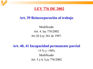 LEY 776 DE 2002

    Art. 39 Reincorporación al trabajo

                 Modificado
            Art. 4. ley 776/2002
           Art 26 Ley 361 de 1997.


Art. 40, 41 Incapacidad permanente parcial
                 >5 % y >50%
                  Modificado
           Art. 5 y 6. Ley 776/2002
 