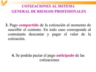 COTIZACIONES AL SISTEMA
   GENERAL DE RIESGOS PROFESIONALES


3. Pago compartido de la cotización al momento de
  suscribir el contrato. En todo caso corresponde al
  contratante descontar y pagar el valor de la
  cotización.



   4. Se podrán pactar el pago anticipado de las
                    cotizaciones
 