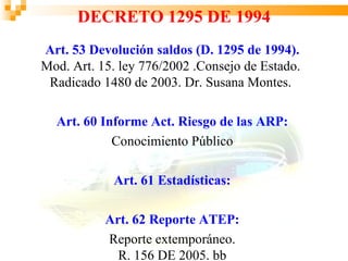 DECRETO 1295 DE 1994
Art. 53 Devolución saldos (D. 1295 de 1994).
Mod. Art. 15. ley 776/2002 .Consejo de Estado.
 Radicado 1480 de 2003. Dr. Susana Montes.

  Art. 60 Informe Act. Riesgo de las ARP:
            Conocimiento Público

            Art. 61 Estadísticas:

           Art. 62 Reporte ATEP:
           Reporte extemporáneo.
             R. 156 DE 2005. bb
 