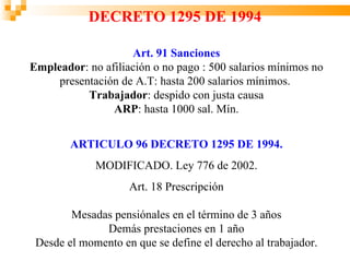 DECRETO 1295 DE 1994

                    Art. 91 Sanciones
Empleador: no afiliación o no pago : 500 salarios mínimos no
     presentación de A.T: hasta 200 salarios mínimos.
           Trabajador: despido con justa causa
                ARP: hasta 1000 sal. Mín.


        ARTICULO 96 DECRETO 1295 DE 1994.
             MODIFICADO. Ley 776 de 2002.
                    Art. 18 Prescripción

        Mesadas pensiónales en el término de 3 años
              Demás prestaciones en 1 año
 Desde el momento en que se define el derecho al trabajador.
 