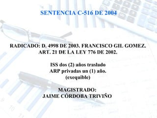 SENTENCIA C-516 DE 2004




RADICADO: D. 4998 DE 2003. FRANCISCO GIL GOMEZ.
        ART. 21 DE LA LEY 776 DE 2002.

             ISS dos (2) años traslado
             ARP privadas un (1) año.
                   (exequible)

                MAGISTRADO:
           JAIME CÓRDOBA TRIVIÑO
 