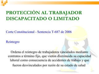 PROTECCIÒN AL TRABAJADOR
DISCAPACITADO O LIMITADO

Corte Constitucional - Sentencia T-687 de 2006

Reintegro

   Ordena el reintegro de trabajadores vinculados mediante
 contratos a término fijo, que vieron disminuida su capacidad
  laboral como consecuencia de accidentes de trabajo y que
    fueron desvinculados por razón de su estado de salud
 