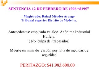 SENTENCIA 12 DE FEBRERO DE 1996 “8195”
        Magistrado: Rafael Méndez Arango
       Tribunal Superior Distrito de Medellín.


Antecedentes: empleado vs. Soc. Anónima Industrial
                    Hullera.
            ( No culpa del trabajador)

 Muerte en mina de carbón por falta de medidas de
                   seguridad

       PERITAZGO: $41.983.600.00
 
