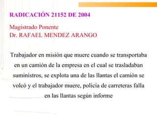 RADICACIÓN 21152 DE 2004

Magistrado Ponente
Dr. RAFAEL MENDEZ ARANGO


Trabajador en misión que muere cuando se transportaba
 en un camión de la empresa en el cual se trasladaban
 suministros, se explota una de las llantas el camión se
volcó y el trabajador muere, policía de carreteras falla
              en las llantas según informe
 