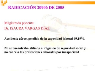 RADICACIÓN 20906 DE 2005


Magistrada ponente
Dr. ISAURA VARGAS DÍAZ

Accidente aéreo, perdida de la capacidad laboral 69.19%,

No se encontraba afiliado al régimen de seguridad social y
no cancelo las prestaciones laborales por incapacidad
 