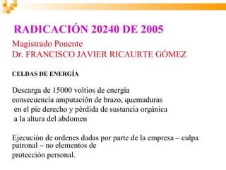 RADICACIÓN 20240 DE 2005
Magistrado Ponente
Dr. FRANCISCO JAVIER RICAURTE GÓMEZ

CELDAS DE ENERGÍA

Descarga de 15000 voltios de energía
consecuencia amputación de brazo, quemaduras
 en el pie derecho y pérdida de sustancia orgánica
 a la altura del abdomen

Ejecución de ordenes dadas por parte de la empresa – culpa
patronal – no elementos de
protección personal.
 