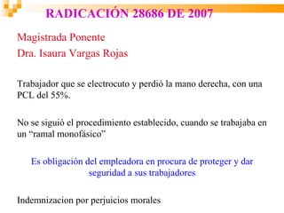 RADICACIÓN 28686 DE 2007
Magistrada Ponente
Dra. Isaura Vargas Rojas

Trabajador que se electrocuto y perdió la mano derecha, con una
PCL del 55%.

No se siguió el procedimiento establecido, cuando se trabajaba en
un “ramal monofásico”

   Es obligación del empleadora en procura de proteger y dar
                  seguridad a sus trabajadores

Indemnizacion por perjuicios morales
 