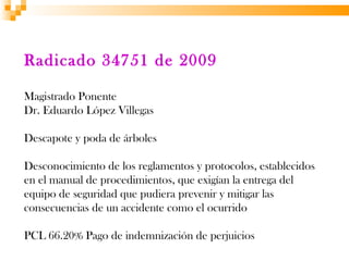 Radicado 34751 de 2009

Magistrado Ponente
Dr. Eduardo López Villegas

Descapote y poda de árboles

Desconocimiento de los reglamentos y protocolos, establecidos
en el manual de procedimientos, que exigían la entrega del
equipo de seguridad que pudiera prevenir y mitigar las
consecuencias de un accidente como el ocurrido

PCL 66.20% Pago de indemnización de perjuicios
 