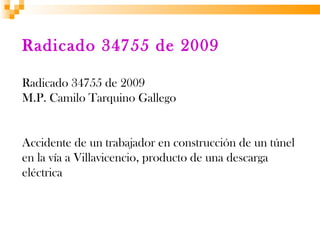Radicado 34755 de 2009

Radicado 34755 de 2009
M.P. Camilo Tarquino Gallego


Accidente de un trabajador en construcción de un túnel
en la vía a Villavicencio, producto de una descarga
eléctrica
 