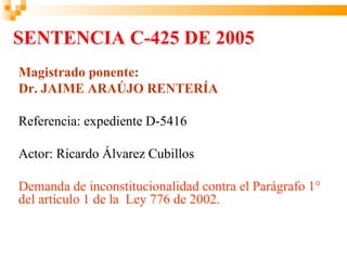 SENTENCIA C-425 DE 2005
Magistrado ponente:
Dr. JAIME ARAÚJO RENTERÍA

Referencia: expediente D-5416

Actor: Ricardo Álvarez Cubillos

Demanda de inconstitucionalidad contra el Parágrafo 1°
del artículo 1 de la Ley 776 de 2002.
 