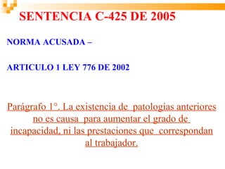 SENTENCIA C-425 DE 2005
NORMA ACUSADA –

ARTICULO 1 LEY 776 DE 2002



Parágrafo 1°. La existencia de patologías anteriores
      no es causa para aumentar el grado de
 incapacidad, ni las prestaciones que correspondan
                    al trabajador.
 