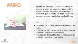 Agente de voladura a base de nitrato de
amonio y otros componentes para mejoras
sus propiedades explosivas, muy sensible a la
humedad, por lo tanto se debe utilizar en
barrenos secos, y en voladura a cielo abierto.
• En voladuras a cielo abierto sin presencia de
agua.
• Explotación de calizas en mediana minería,
canteras u obras de construcción.
• Explotación de roca blanda o semidura, usando
iniciador multiplicador de fondo
USOS
 