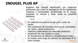 INDUGEL PLUS AP
Explosivo tipo hidrogel aluminizado, con sustancias
gelificantes que evitan la segregación de los ingredientes
oxidantes y combustibles sensibilizados en la mezcla,
empleado en minería y obras civiles en pequeños
diámetros.
• En voladuras en ausencia de gas grisú y polvo de
carbón.
• Para explotación de minerales como el oro, esmeraldas,
sal, caliza u obras construcción.
• Voladuras subterráneas con adecuada ventilación.
• Explotación de roca semidura a dura.
• En demoliciones de edificios e infraestructuras civiles.
• Se emplea como carga de columna con detonador N° 8
como iniciador
USOS
 