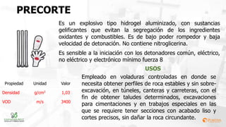 PRECORTE
Es un explosivo tipo hidrogel aluminizado, con sustancias
gelificantes que evitan la segregación de los ingredientes
oxidantes y combustibles. Es de bajo poder rompedor y baja
velocidad de detonación. No contiene nitroglicerina.
Es sensible a la iniciación con los detonadores común, eléctrico,
no eléctrico y electrónico mínimo fuerza 8
Empleado en voladuras controladas en donde se
necesita obtener perfiles de roca estables y sin sobre-
excavación, en túneles, canteras y carreteras, con el
fin de obtener taludes determinados, excavaciones
para cimentaciones y en trabajos especiales en las
que se requiere tener secciones con acabado liso y
cortes precisos, sin dañar la roca circundante.
USOS
Propiedad Unidad Valor
Densidad g/cm3 1,03
VOD m/s 3400
 
