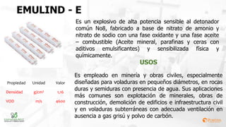 EMULIND - E
Es un explosivo de alta potencia sensible al detonador
común No8, fabricado a base de nitrato de amonio y
nitrato de sodio con una fase oxidante y una fase aceite
– combustible (Aceite mineral, parafinas y ceras con
aditivos emulsificantes) y sensibilizada física y
químicamente.
Es empleado en minería y obras civiles, especialmente
diseñadas para voladuras en pequeños diámetros, en rocas
duras y semiduras con presencia de agua. Sus aplicaciones
más comunes son explotación de minerales, obras de
construcción, demolición de edificios e infraestructura civil
y en voladuras subterráneas con adecuada ventilación en
ausencia a gas grisú y polvo de carbón.
USOS
Propiedad Unidad Valor
Densidad g/cm3 1,16
VOD m/s 4600
 